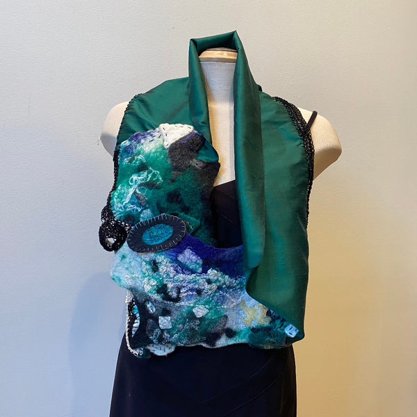 Emerald green silk and merino wool handcrafted shawl. hand felted and free hand crochet art to wear.