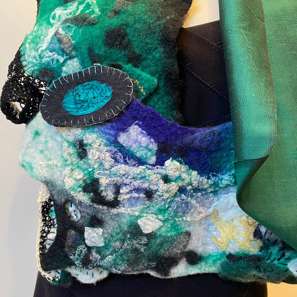 Emerald green silk and merino wool handcrafted shawl. hand felted and free hand crochet art to wear.