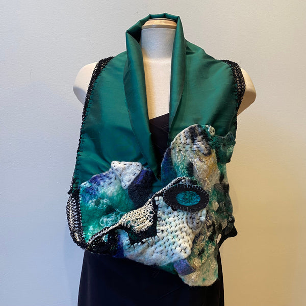 Emerald green silk and merino wool handcrafted shawl. hand felted and free hand crochet art to wear.