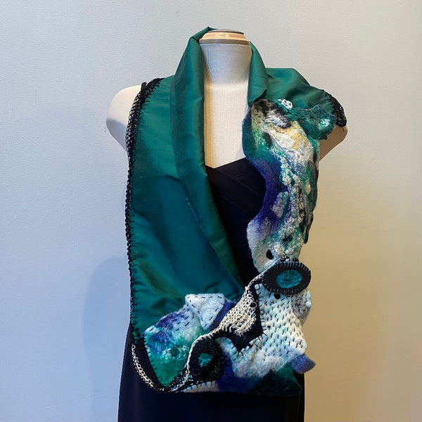 Emerald green silk and merino wool handcrafted shawl. hand felted and free hand crochet art to wear.