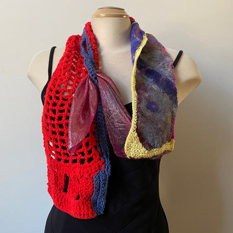 Unique crochet scarf, art to wear. red, blue, yellow and many other colours. hand painted silk and hand felted merino wool mixed with variety of yarns.