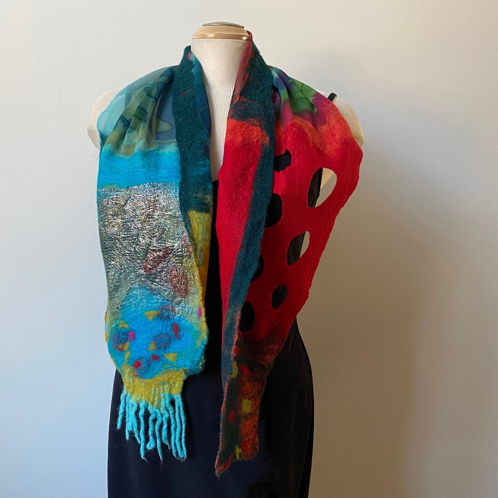 Unique had painted and hand felted silk and merino wool scarf, art to wear. Designer art scarf. One of a kind.