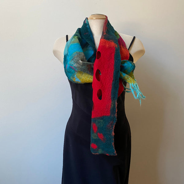 Unique had painted and hand felted silk and merino wool scarf, art to wear. Designer art scarf. One of a kind.