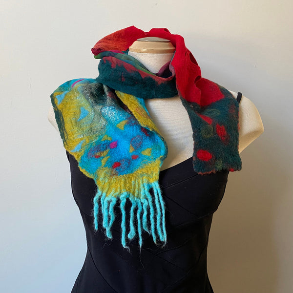 Unique had painted and hand felted silk and merino wool scarf, art to wear. Designer art scarf. One of a kind.