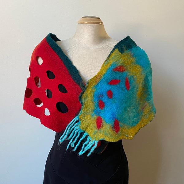 Unique had painted and hand felted silk and merino wool scarf, art to wear. Designer art scarf. One of a kind.