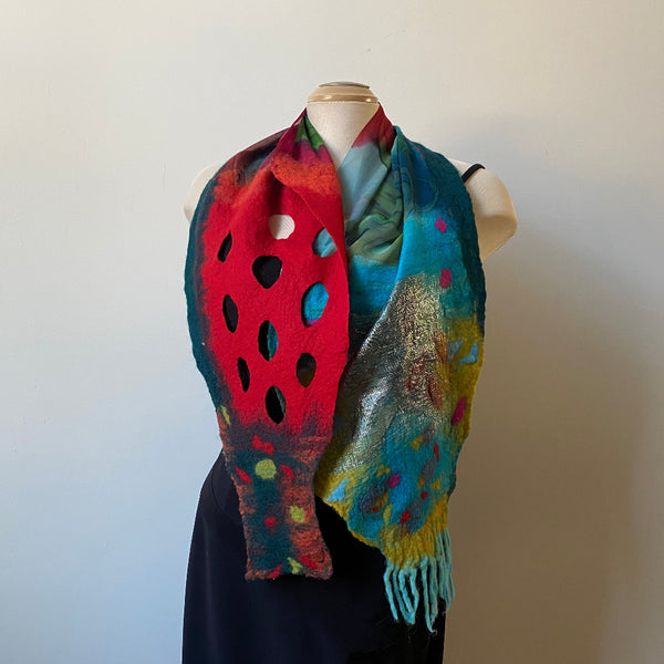 Unique had painted and hand felted silk and merino wool scarf, art to wear. Designer art scarf. One of a kind.