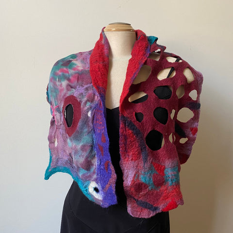 Bright nuno felted scarf, made from painted fine wool and merino wool rowing. Art to wear. Red scarf, one of a kind.