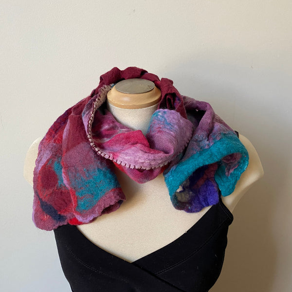 Bright nuno felted scarf, made from painted fine wool and merino wool rowing. Art to wear. Red scarf, one of a kind.