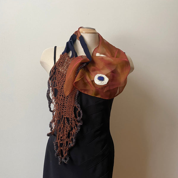 Cinnamon brown art scarf, art to wear, hand felted and hand crochet uniqueboho shawl.