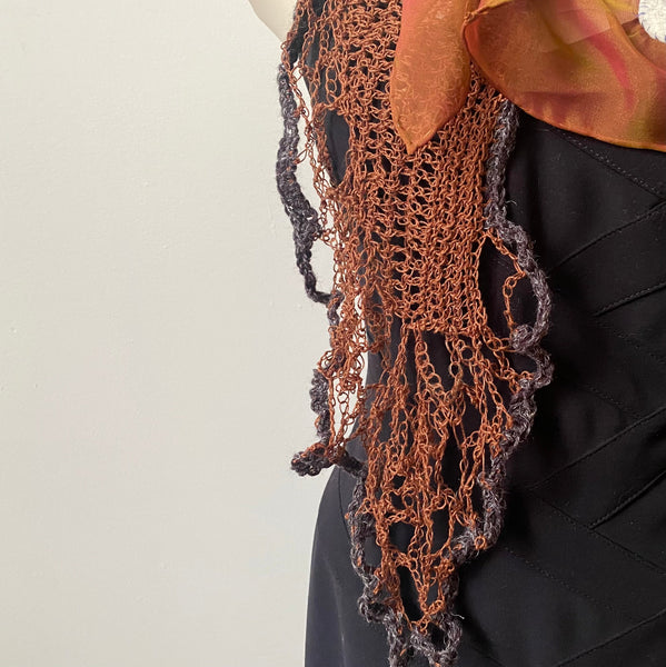 Cinnamon brown art scarf, art to wear, hand felted and hand crochet uniqueboho shawl.