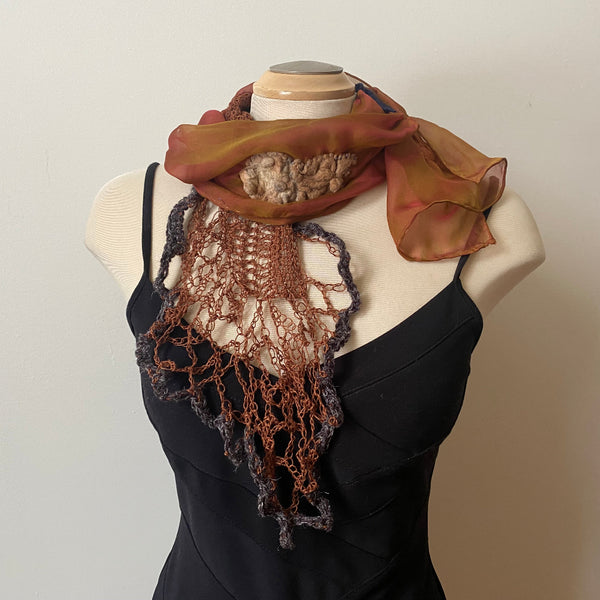 Cinnamon brown art scarf, art to wear, hand felted and hand crochet uniqueboho shawl.