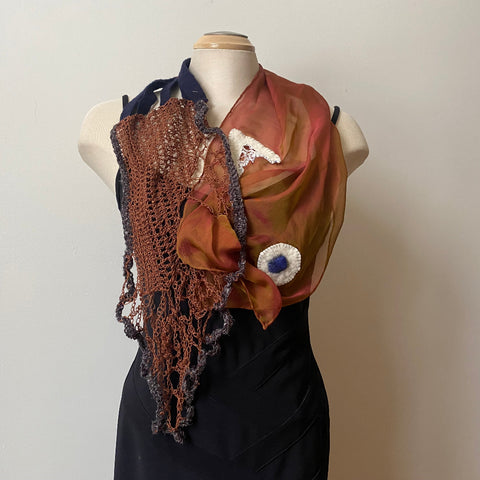 Cinnamon brown art scarf, art to wear, hand felted and hand crochet uniqueboho shawl.