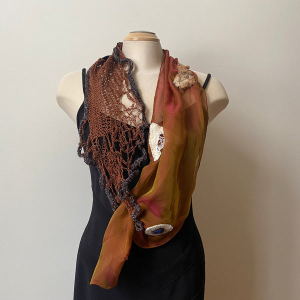 Cinnamon brown art scarf, art to wear, hand felted and hand crochet uniqueboho shawl.