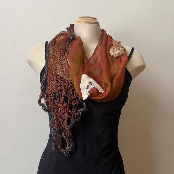 Cinnamon brown art scarf, art to wear, hand felted and hand crochet uniqueboho shawl.