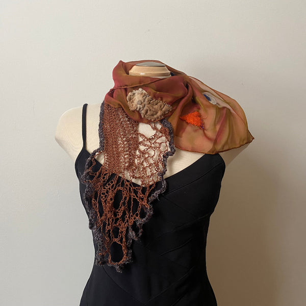 Cinnamon brown art scarf, art to wear, hand felted and hand crochet uniqueboho shawl.