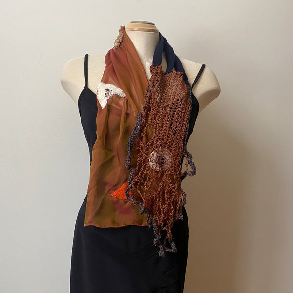 Cinnamon brown art scarf, art to wear, hand felted and hand crochet uniqueboho shawl.