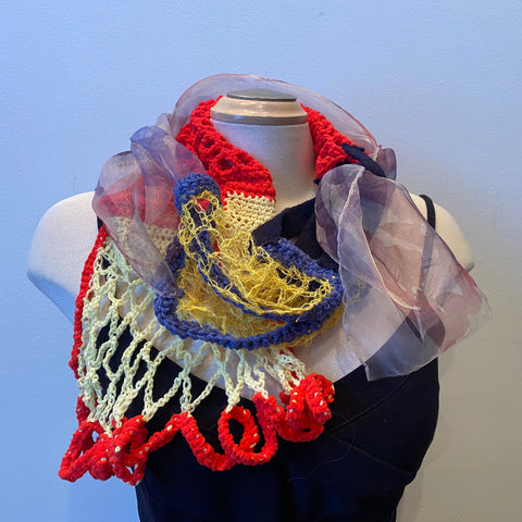 Red, yellow and blue hand crochet yarns and hand painted silk. One of a kind art scarf