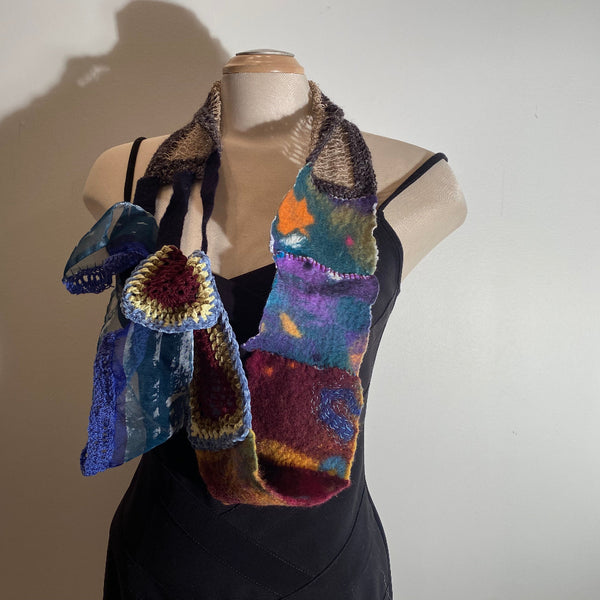 Art scarf made from handpainted silk, handmade felt, and hand crochet.