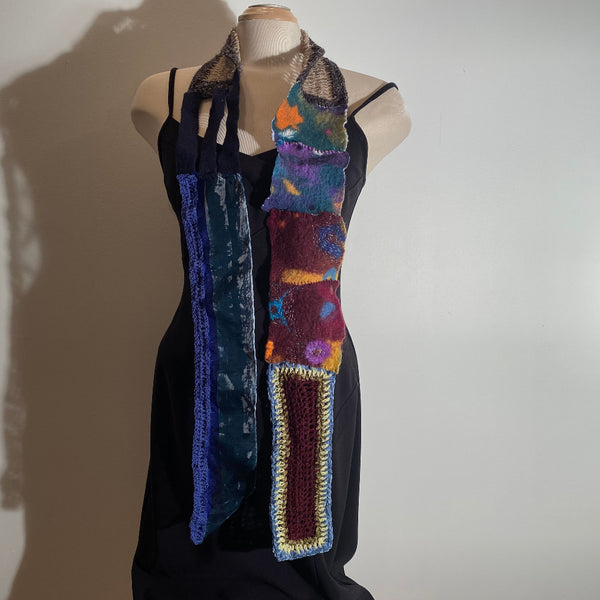 Art scarf made from handpainted silk, handmade felt, and hand crochet.