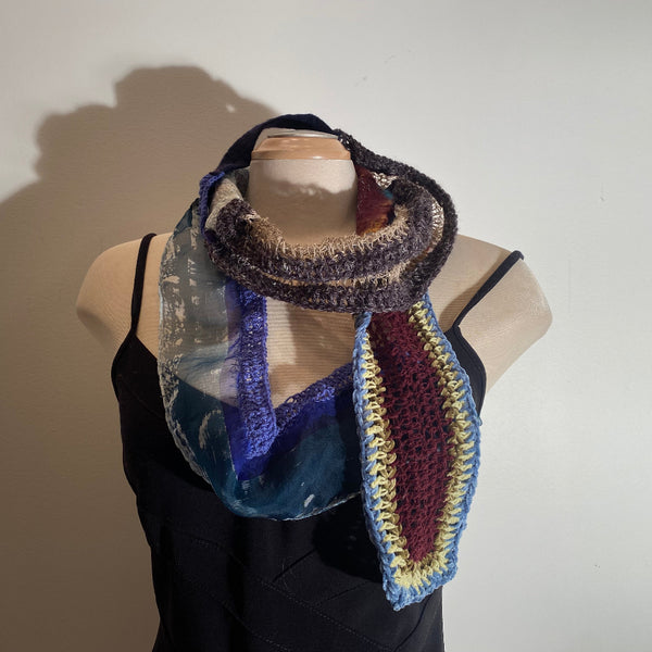 Art scarf made from handpainted silk, handmade felt, and hand crochet.