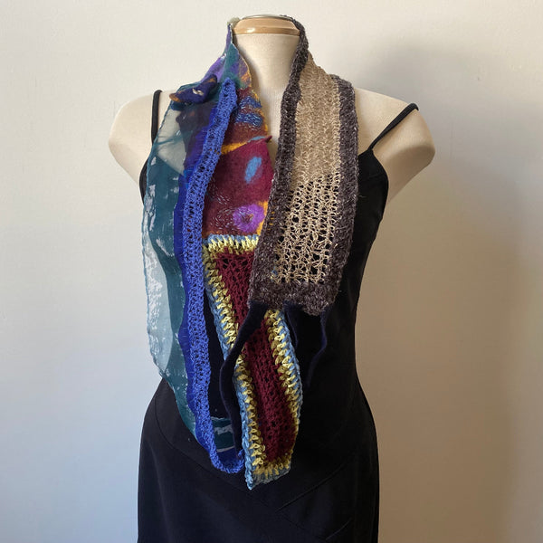 Art scarf made from handpainted silk, handmade felt, and hand crochet.