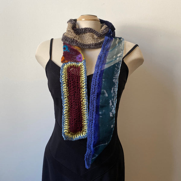 Art scarf made from handpainted silk, handmade felt, and hand crochet.