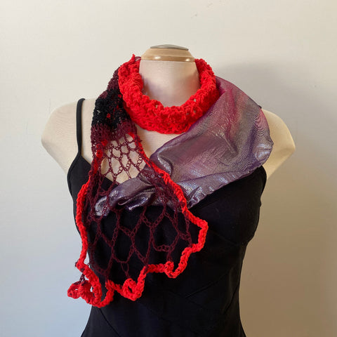 Red hand crochet and hand painted silk and yarn scarf, unique, one-of-a-kind art scarf