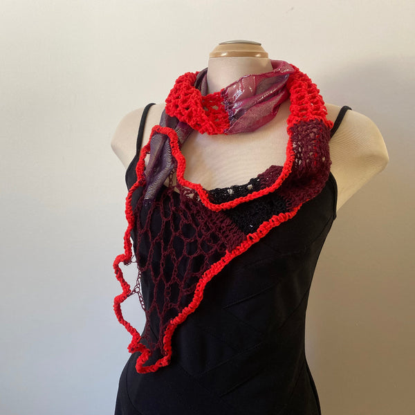 Red hand crochet and hand painted silk and yarn scarf, unique, one-of-a-kind art scarf