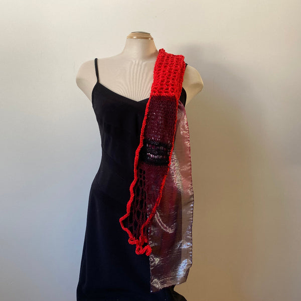 Red hand crochet and hand painted silk and yarn scarf, unique, one-of-a-kind art scarf