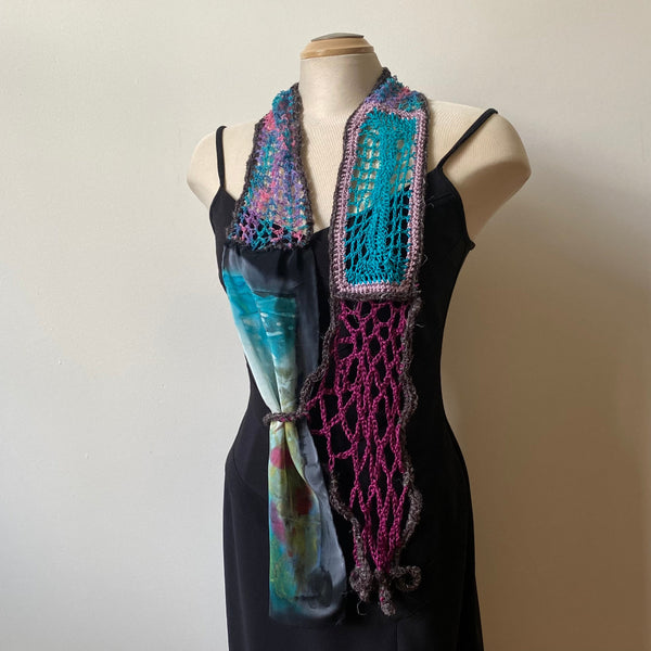 Hand painted and free crochet art scarf, art to wear, one-of-a-kind shawl.