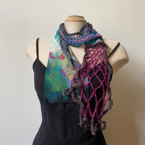 Hand painted and free crochet art scarf, art to wear, one-of-a-kind shawl.