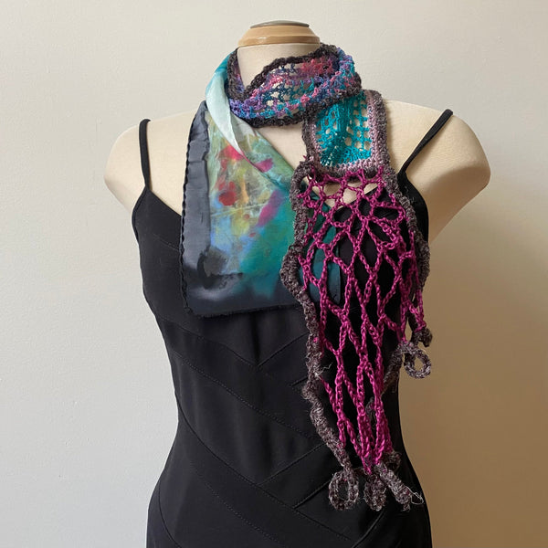 Hand painted and free crochet art scarf, art to wear, one-of-a-kind shawl.