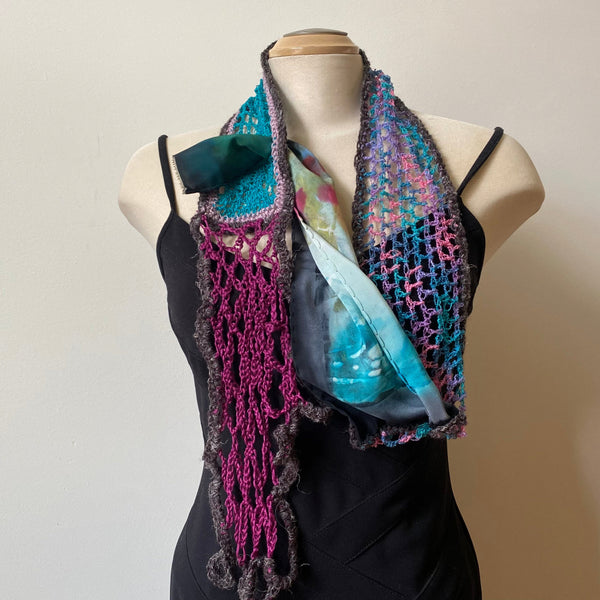 Hand painted and free crochet art scarf, art to wear, one-of-a-kind shawl.