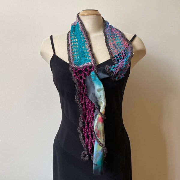 Hand painted and free crochet art scarf, art to wear, one-of-a-kind shawl.