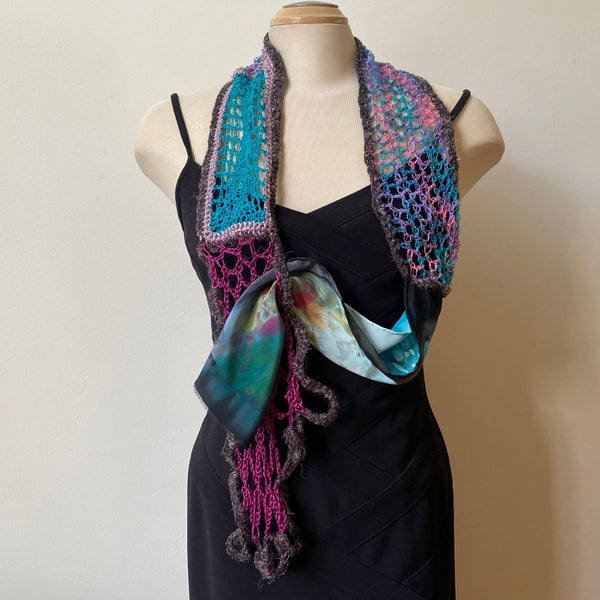 Hand painted and free crochet art scarf, art to wear, one-of-a-kind shawl.