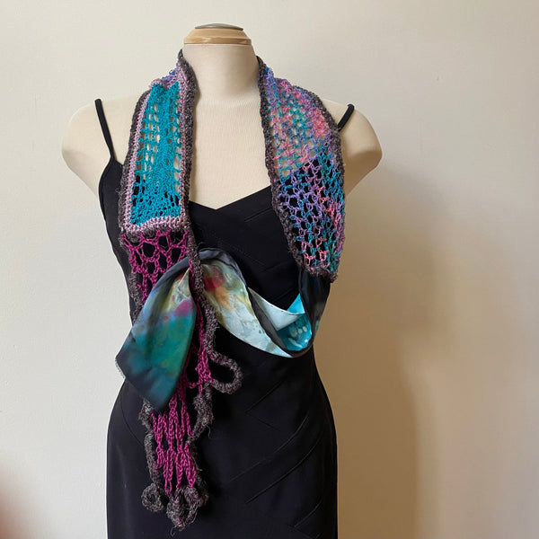 Hand painted and free crochet art scarf, art to wear, one-of-a-kind shawl.