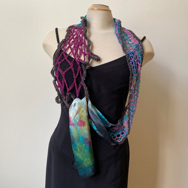 Hand painted and free crochet art scarf, art to wear, one-of-a-kind shawl.