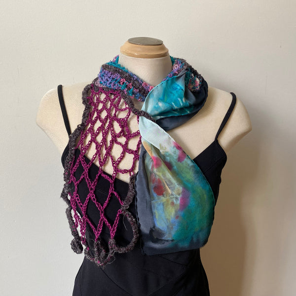 Hand painted and free crochet art scarf, art to wear, one-of-a-kind shawl.