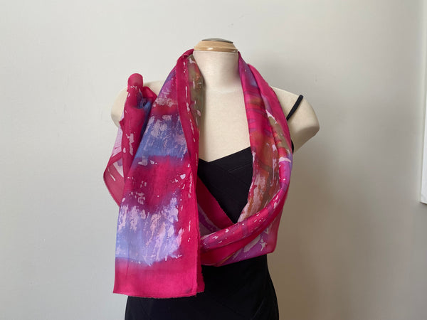 Red batik silk scarf, hand painted silk scarf, art to wear, rozome shawl, designer art scarf, one of a kind