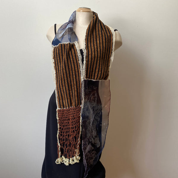 Brown batik and hand crochet designer scarf, art to wear. One of a kind.
