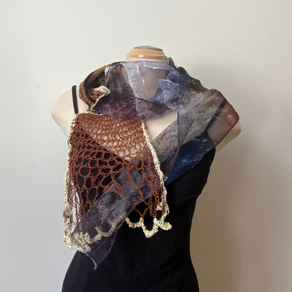 Brown batik and hand crochet designer scarf, art to wear. One of a kind.