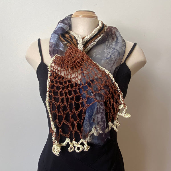 Brown batik and hand crochet designer scarf, art to wear. One of a kind.