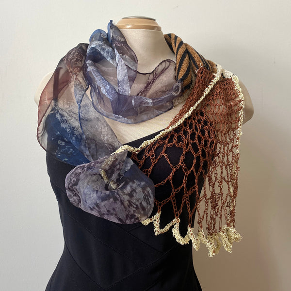Brown batik and hand crochet designer scarf, art to wear. One of a kind.
