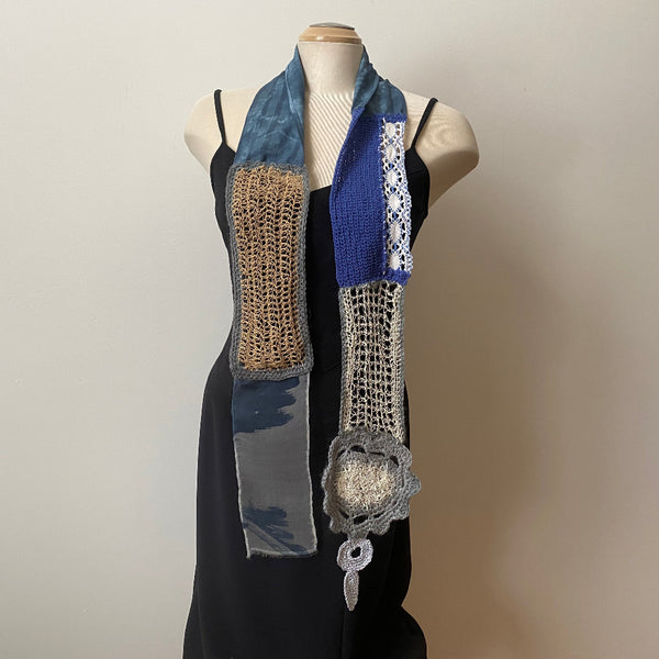 Hand crochet and hand painted art scarf, art to wear, grey taupe and blue designer scarf