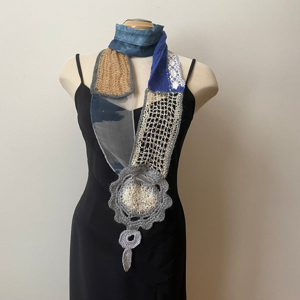 Hand crochet and hand painted art scarf, art to wear, grey taupe and blue designer scarf