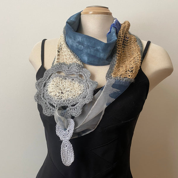 Hand crochet and hand painted art scarf, art to wear, grey taupe and blue designer scarf