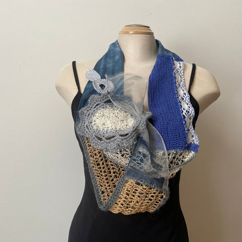 Hand crochet and hand painted art scarf, art to wear, grey taupe and blue designer scarf
