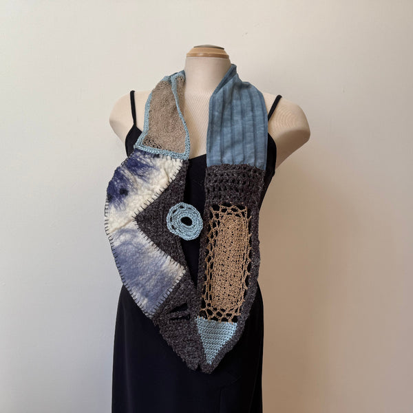 Grey and taupe art scarf. Hand crochet, hand dyed and hand felted.