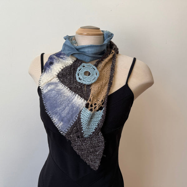 Grey and taupe art scarf. Hand crochet, hand dyed and hand felted.