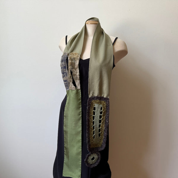 Green art scarf, hand-crochet, art to wear.